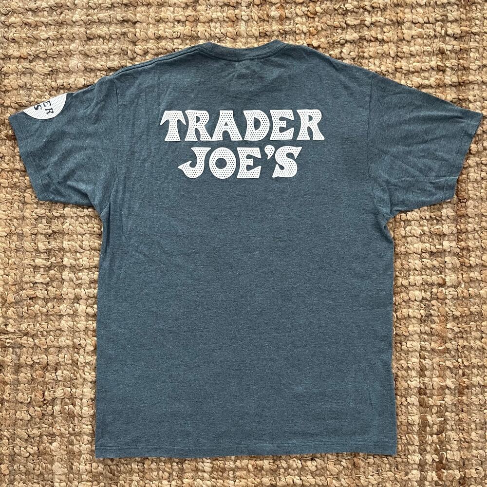 Trader Joe’s Graphic T Shirt Men’s L Blue Logo Back Print Cotton Blend EUC